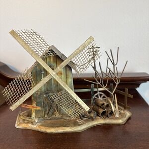 Vintage Wind Up Windmill Music Box Copper Tin Metal Art *WORKS*